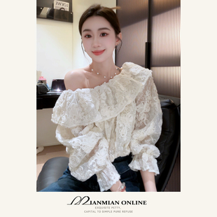 MIANMIANONLINE“油画栀子”早春荷叶边一字肩气质长袖衬衫262