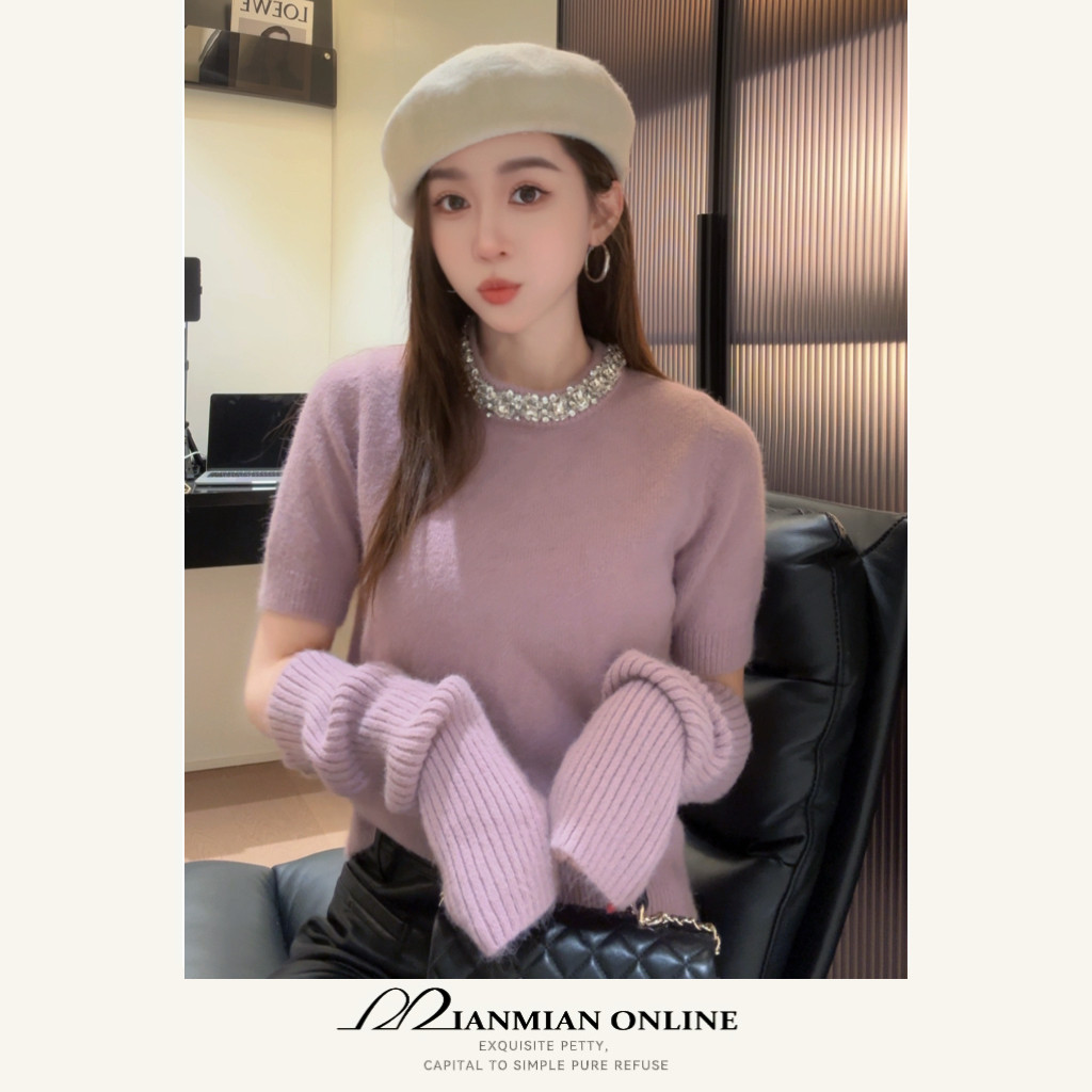 MIANMIANONLINE“树莓果茶”早春新款袖套针织毛衣气质百搭1356