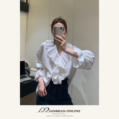 MIANMIANONLINE“赫本假日”女装v领花边衬衫百搭日常上衣1268