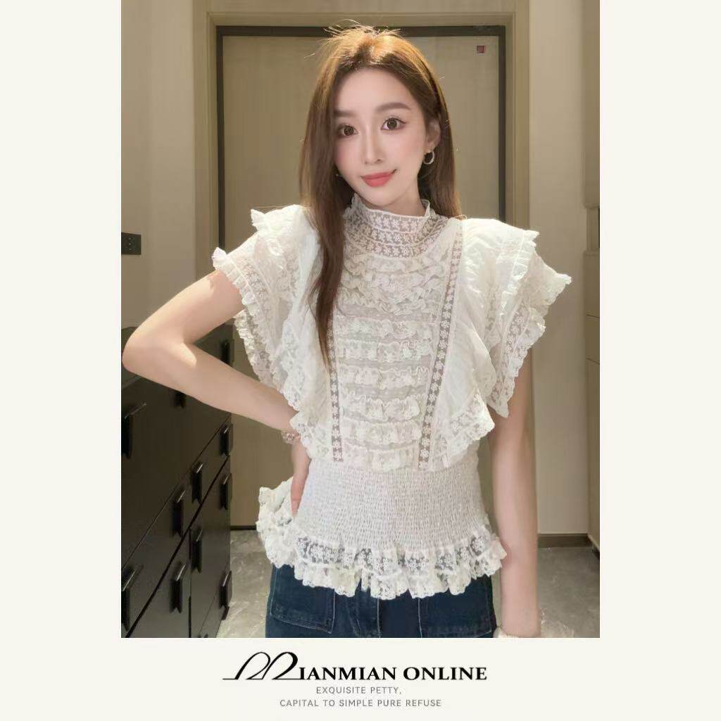 MIANMIANONLINE“芙白”圆领收腰蕾丝花边拼接上衣272