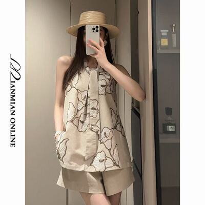 MIANMIANONLINE“亚麻花叙”设计感刺绣背心上衣/裤子337