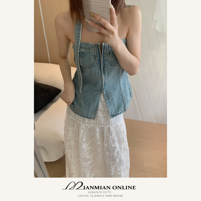 MIANMIANONLINE“蓝韵”小众牛仔抹胸上衣修身百搭韩版无袖1169