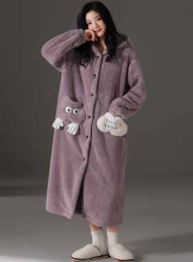 睡袍女紫色秋冬季可爱连帽珊瑚绒加绒加厚中长浴袍保暖睡衣家居服