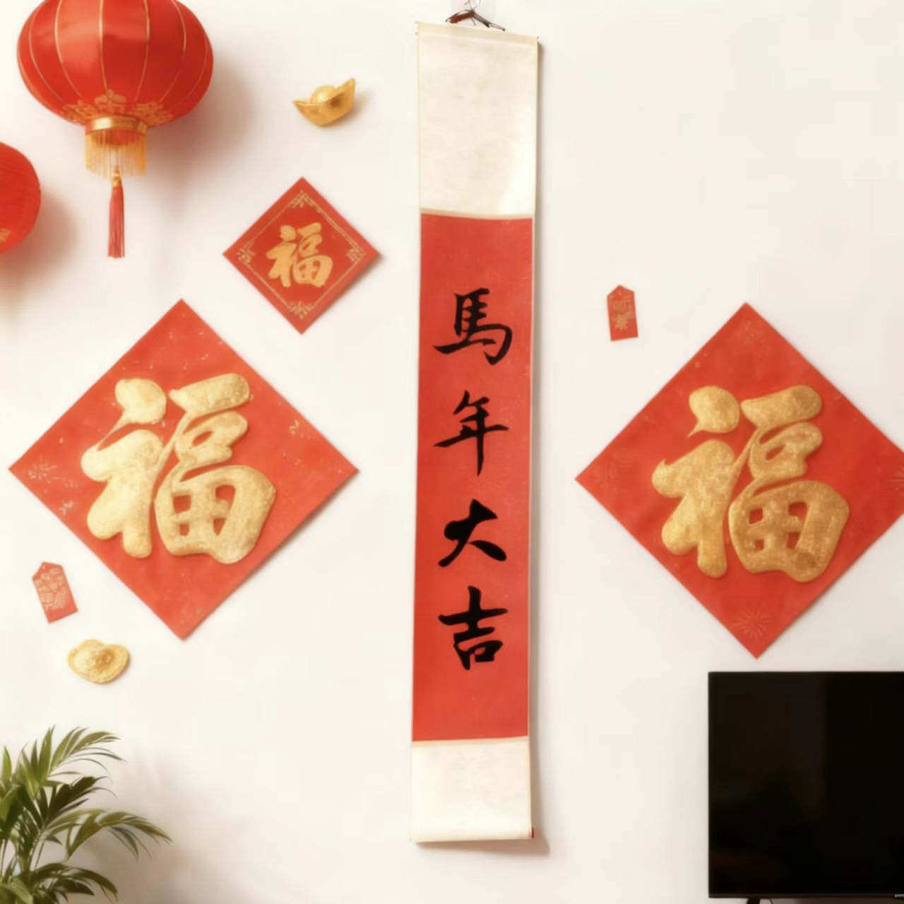 马年大吉红色喜庆挂轴书法手写越来越好平安喜乐字画猫肥屋润挂轴