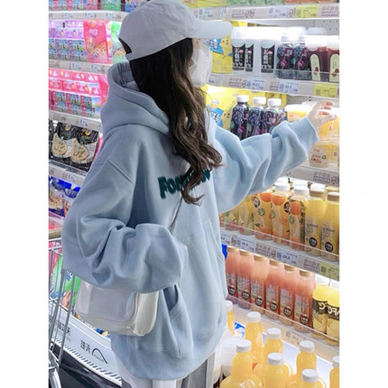纯棉银狐绒蓝色连帽加绒卫衣女秋冬2024新款宽松oversize美式外套
