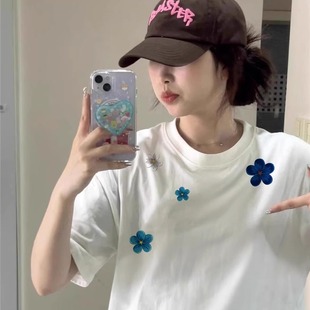 t恤女2025新款 夏季 短袖 爆款 宽松上衣 纯棉白色正肩设计感美式 半袖