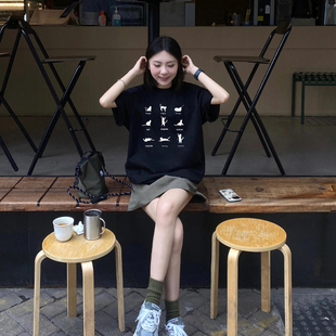 T恤女2025新款 卡通小猫黑色正肩短袖 夏重磅纯棉宽松设计感上衣ins