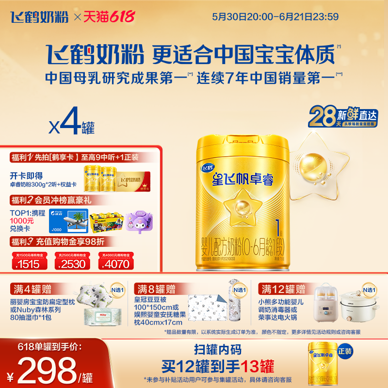 飞鹤卓睿HMO升级一段奶粉750g*4