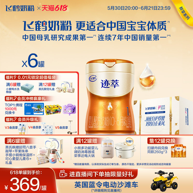 618狂欢购|飞鹤迹萃1段专利母源自护乳铁蛋白8HMOs婴儿奶粉750g*6