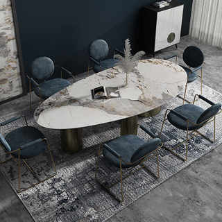 意式轻奢餐桌小户型亮光岩板北欧现代简约家用长方形大理石椭圆桌