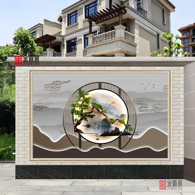 新中式迎客松别i墅户外庭院3D立体浮雕刻瓷砖影壁墙入户迎门背景