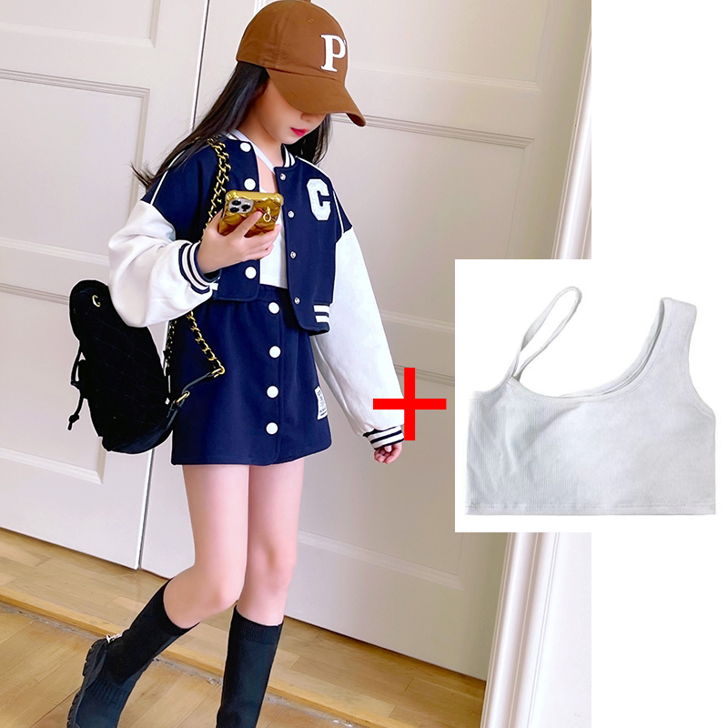 女童秋季套装202m2春秋新款休闲上衣学院风棒球服外套短裙子两件