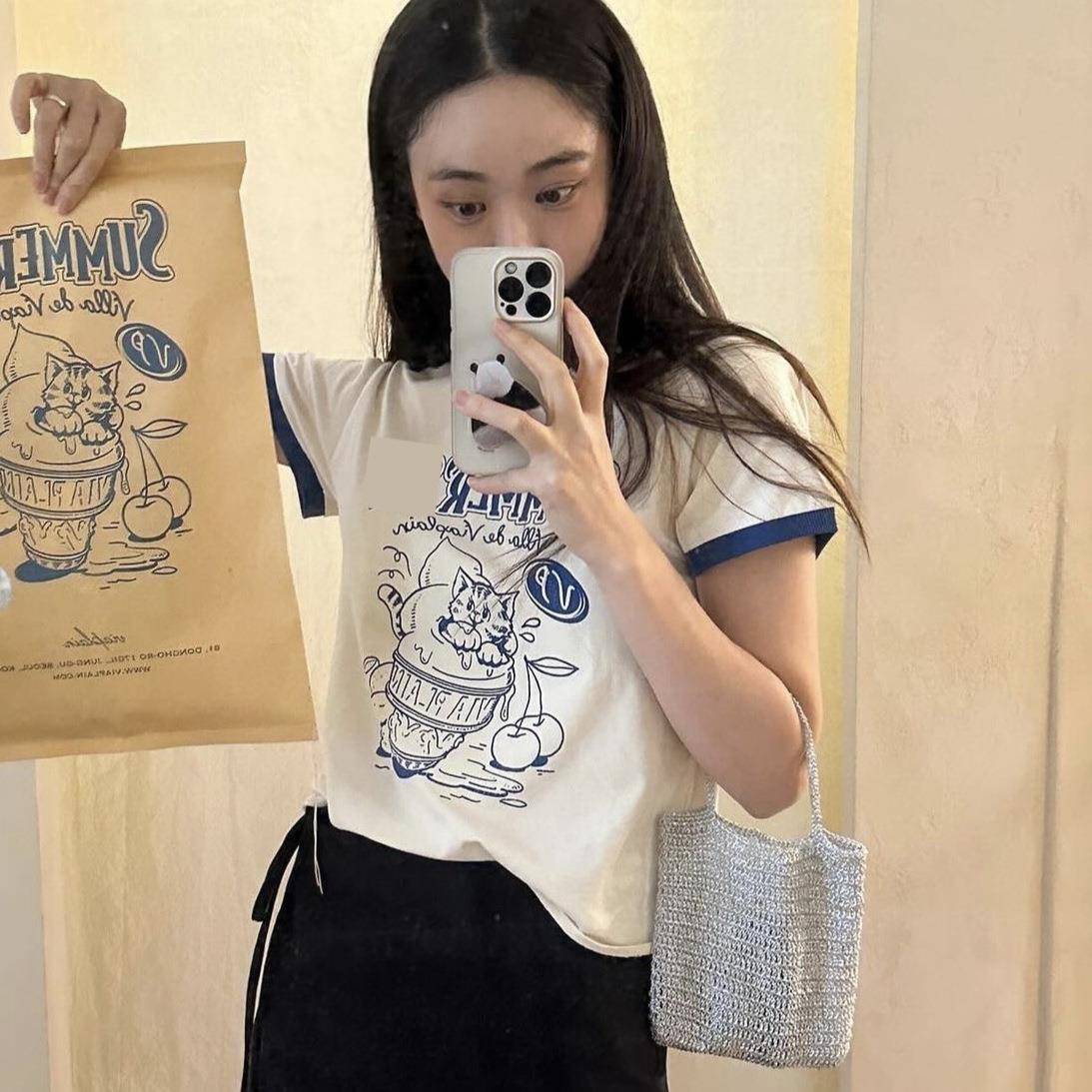 现/viap*ain复古小猫summer字母印花拼色圆领短袖T恤女生春夏新品