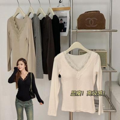 欧戴斯6627一体式时尚蕾丝单衣带胸垫女暖氧珍珠绒螺纹打底衫上衣