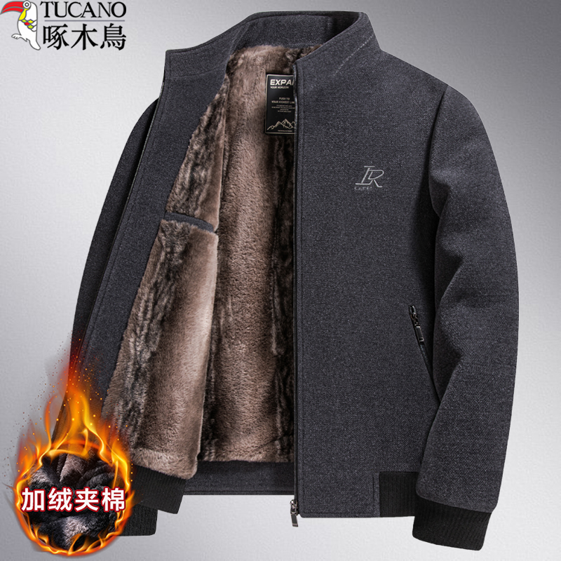 啄木鸟中年男士外套夹克衫加绒加厚款秋冬季中老年人棉衣服爸爸装