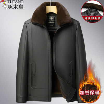 啄木鸟中老年人男士皮夹克加绒加厚款冬季皮毛一体爸爸装皮衣外套