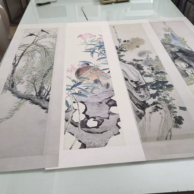 任熊花鸟四条屏书画条幅挂轴国