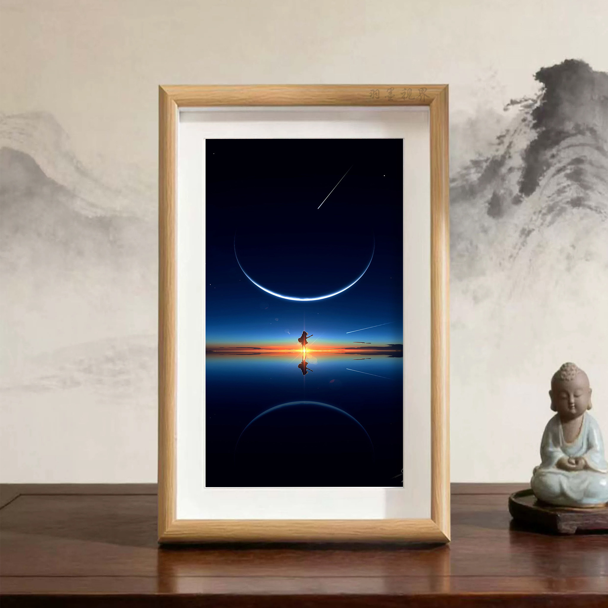 小众星环镜面日落少女剪影插画相框氛围感桌面摆件卧室书桌文艺