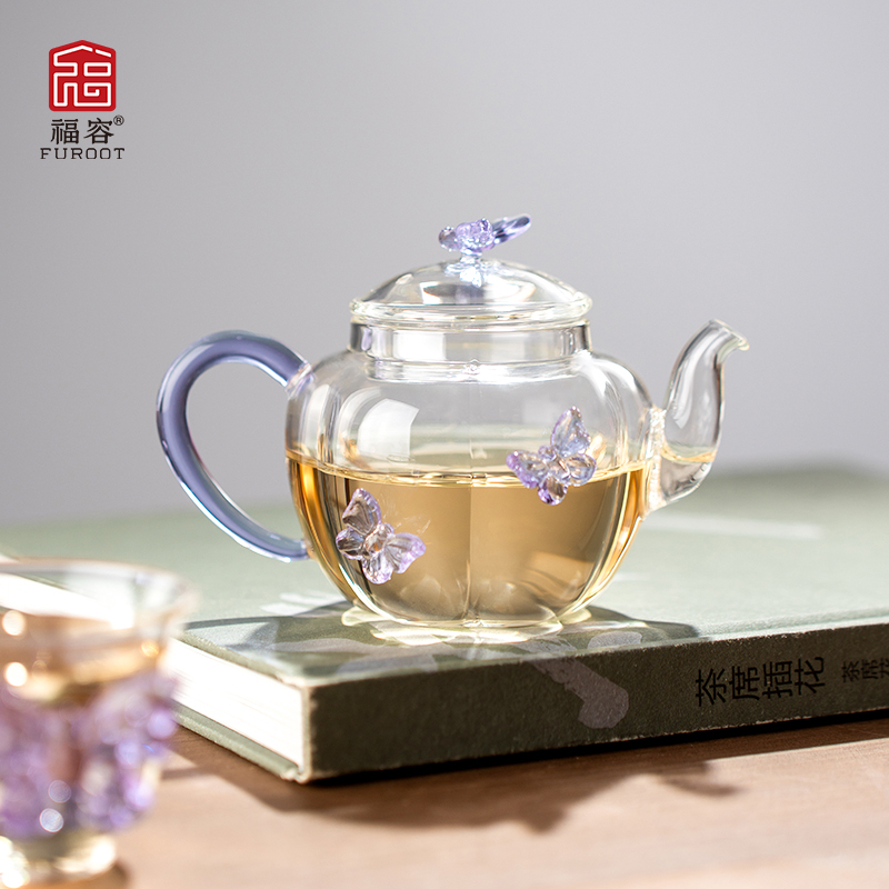福容南瓜壶紫蝶精致家用大容量茶壶加厚高硼硅玻璃泡茶壶耐热泡壶
