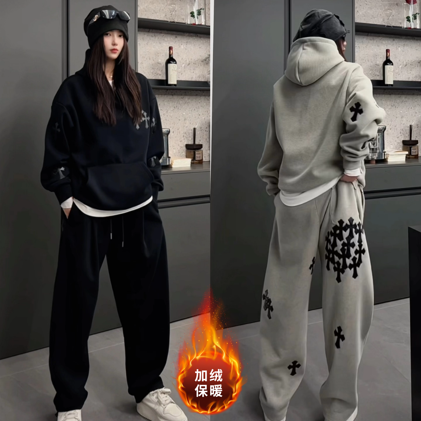 十字花设计加绒休闲套装冬季美式潮流高街连帽卫衣卫裤两件套男女