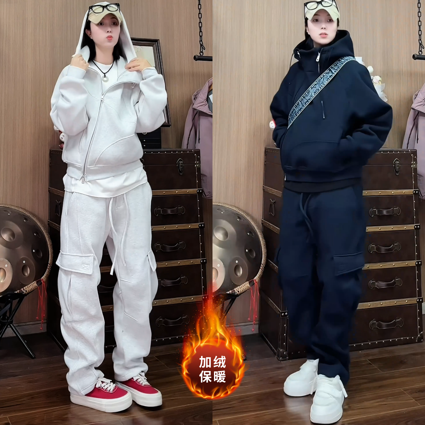 男女同款加绒加厚套装冬季新品斜拉链卫衣大口袋卫裤两件套高品质