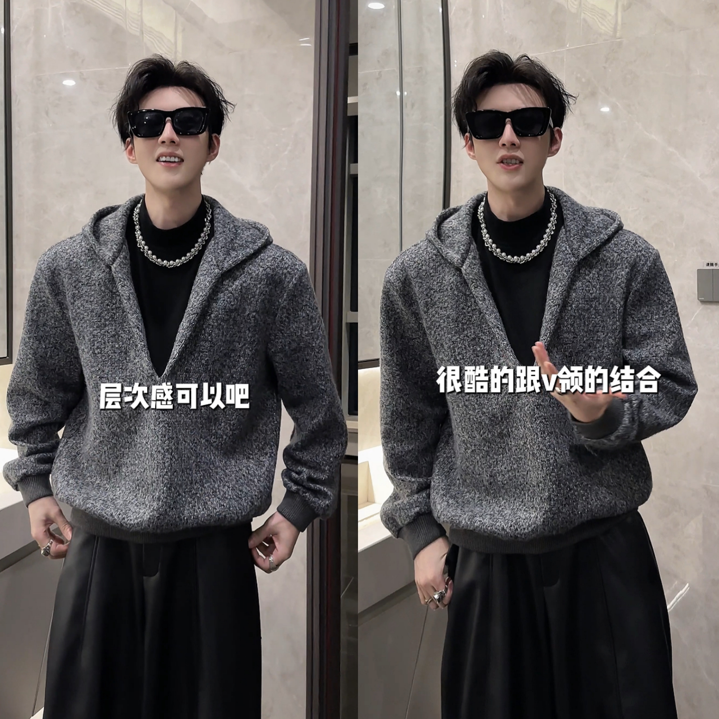 冬季新品小众设计感假两件潮流美式复古连帽卫衣男士气质重磅上衣