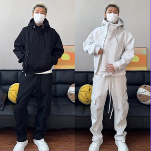 冬季加绒解构斜拉链连帽卫衣工装裤两件套时尚休闲简约高级感男装