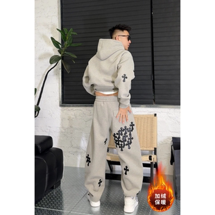美式高街十字花设计休闲运动套装秋季新款时尚连帽卫衣卫裤两件套