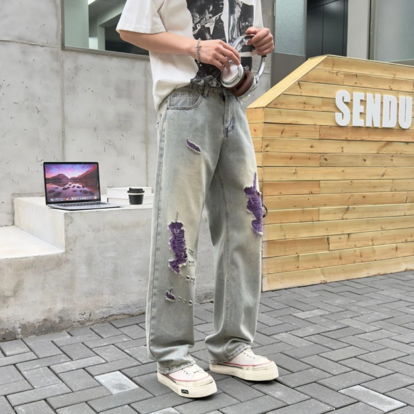 夏季美式高街设计感破洞牛仔裤男