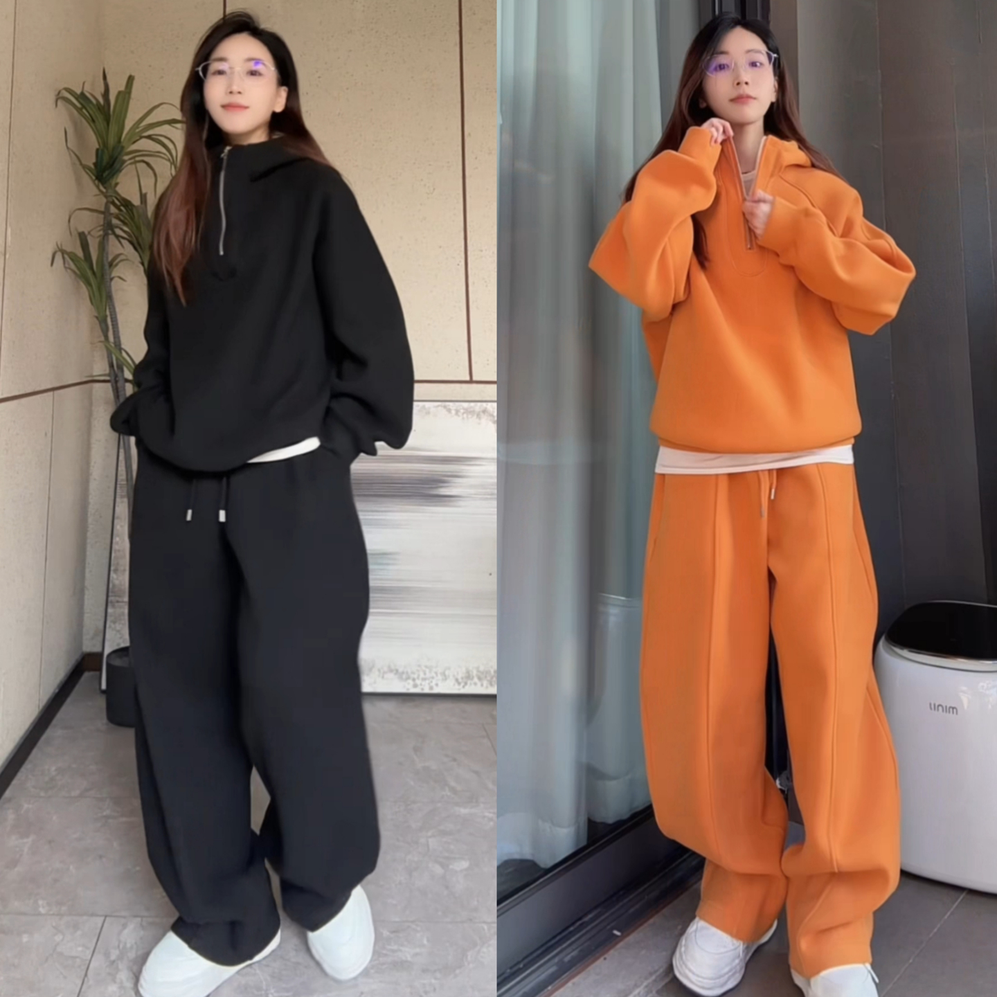 时尚百搭纯色连帽半拉链卫衣卫裤两件套冬季新款简约休闲男女同款