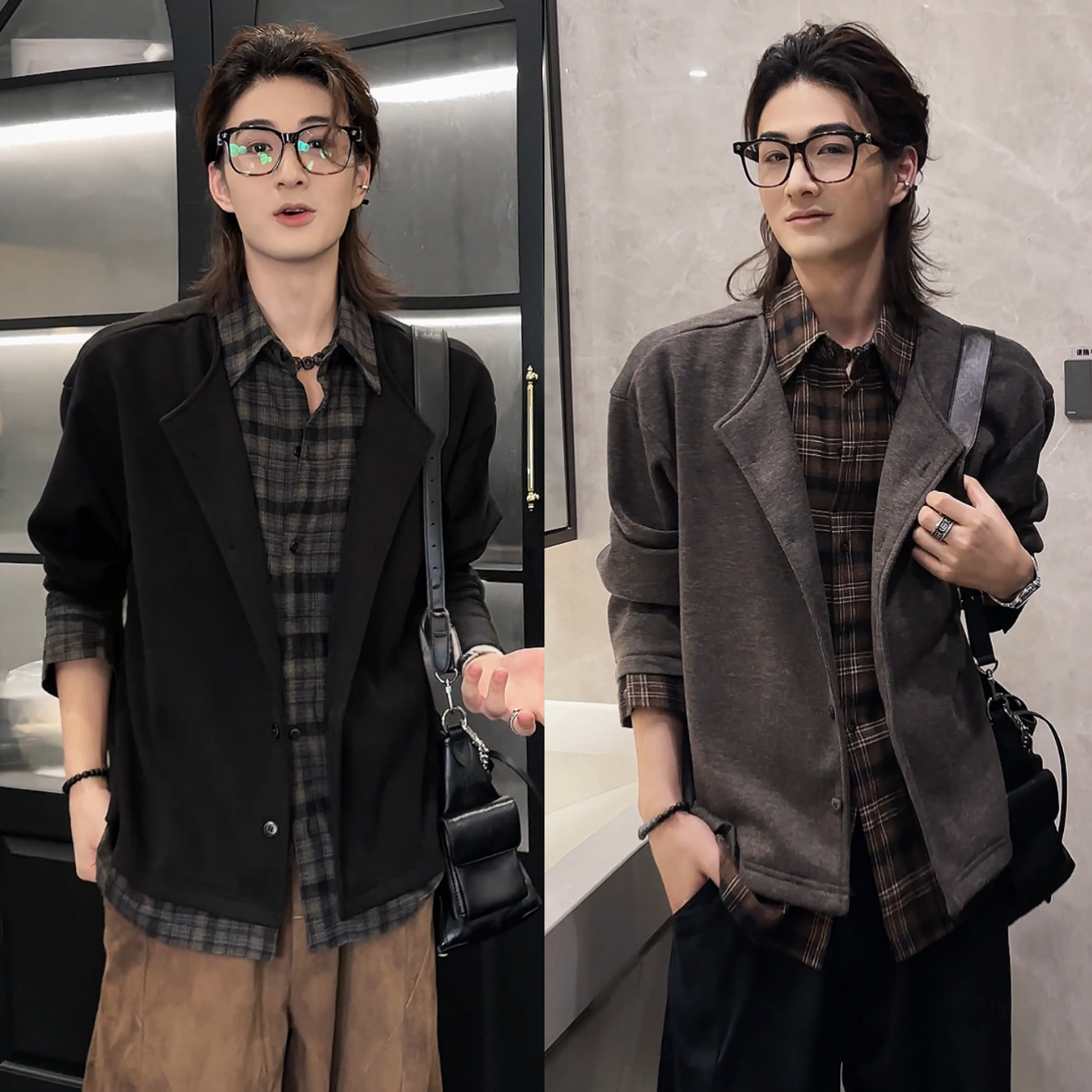 【直播间同款】秋季新款男士美式潮流复古假两件拼接格子开衫外套