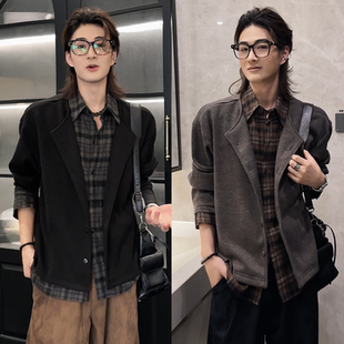 新款 秋季 男士 美式 外套 潮流复古假两件拼接格子开衫 直播间同款