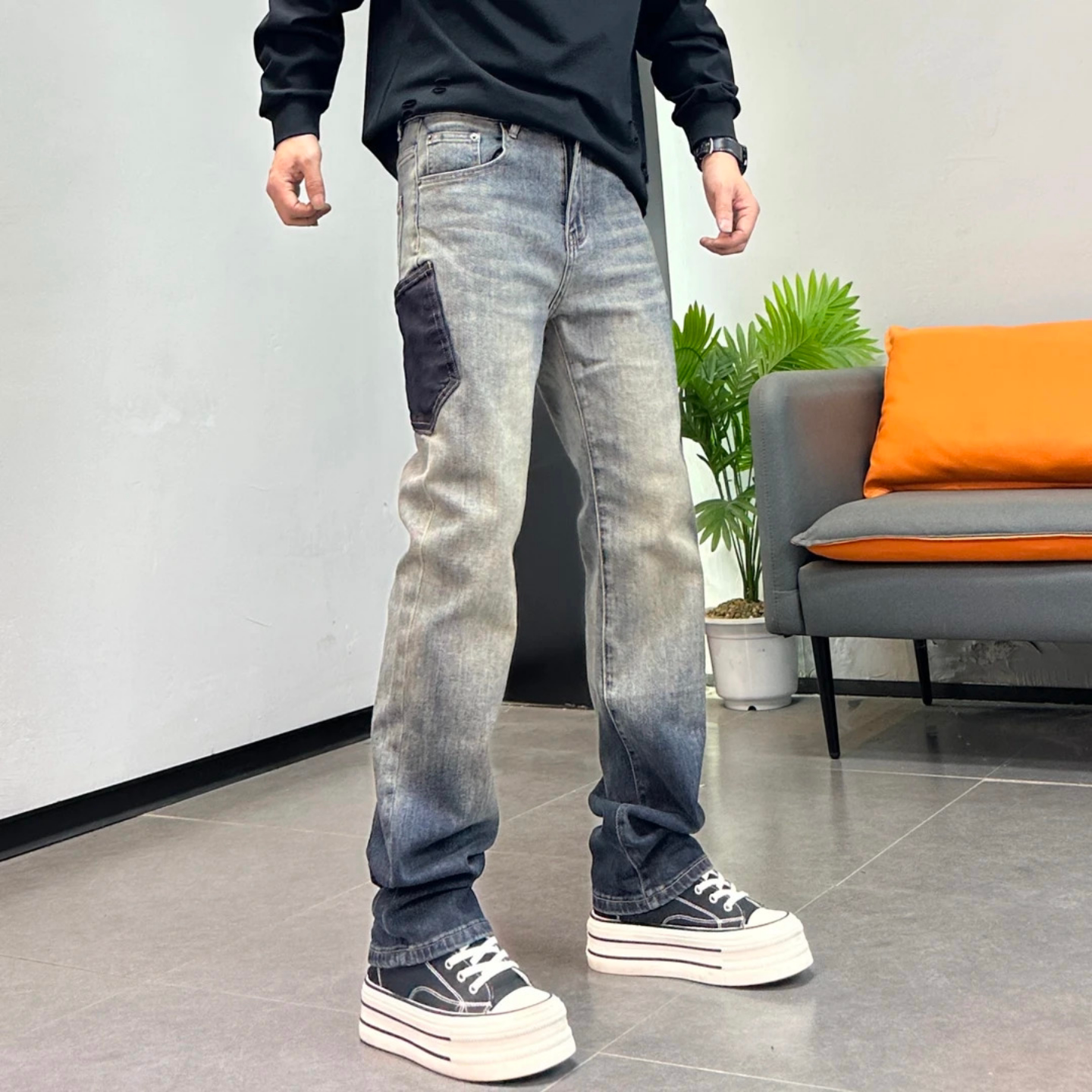 美式高街渐变直筒牛仔裤男士春款