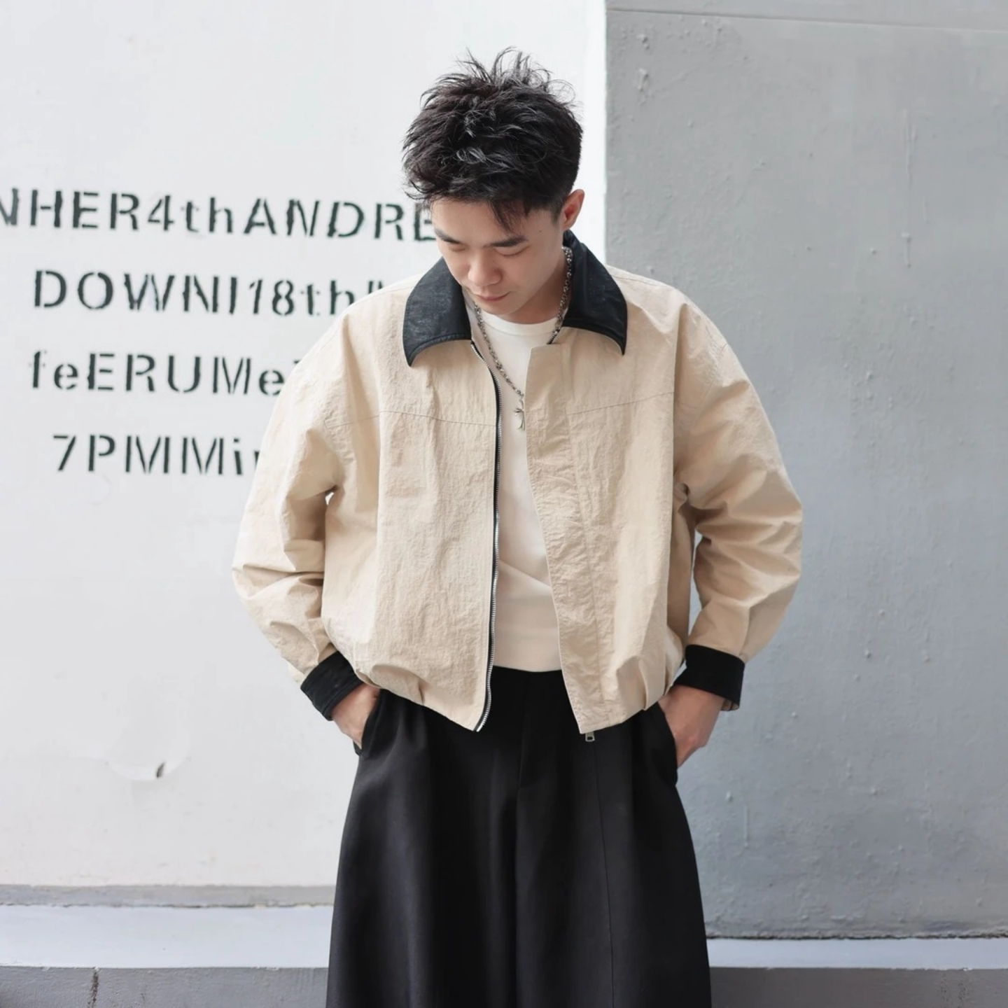 春季时尚潮流痞帅高级感拼色外套美式简约休闲风复古翻领夹克男士