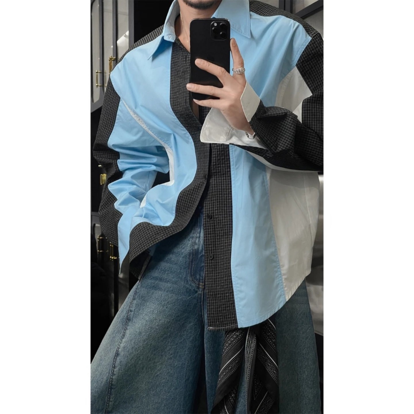春季设计感撞色拼接格子衬衫男士