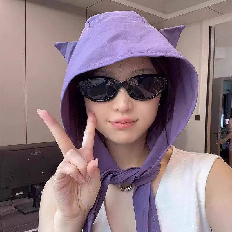 小恶魔绑带速干防晒遮阳帽女薄款护耳头巾帽子可爱猫耳朵小众出游