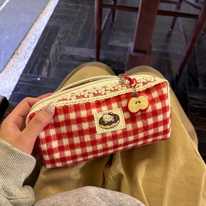 hellokitty笔袋红格子原创简约收纳文具盒大容量初高中女学生包袋