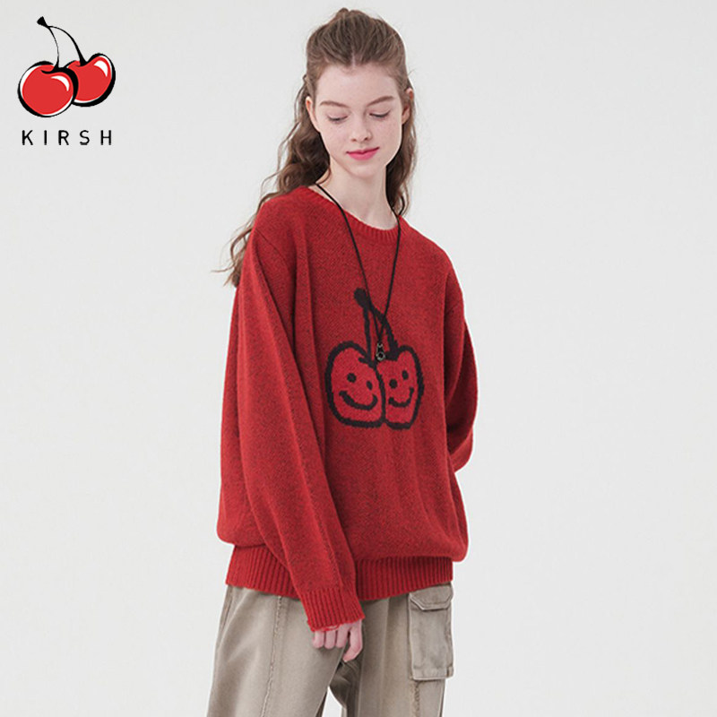 KIRSH 체리 스웨터 여성 겨울 새로운 두꺼운 따뜻하고 편안한 빅 체리 로고 라운드 넥 풀오버