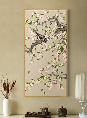 院里花开工笔鸟饰画竖版ESD有花框居画新中式挂画国画家庭装院