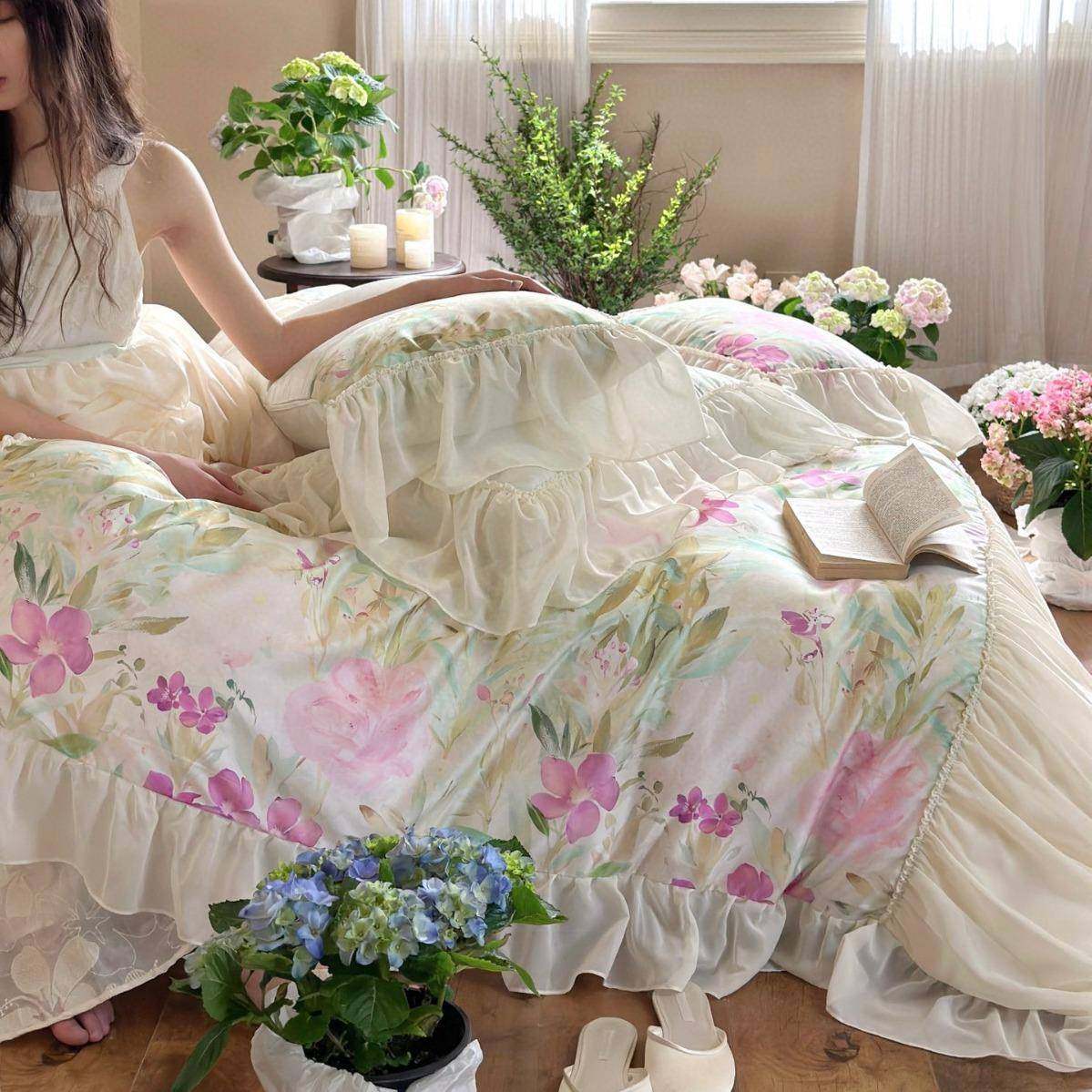 法床式浪漫BWZ天丝棉四件套褶皱荷叶季花边纺夏凉感丝滑雪花边被,床上用品,床品套件/四件套/多件套,淘宝优惠券,粉丝福利购,淘宝优惠卷