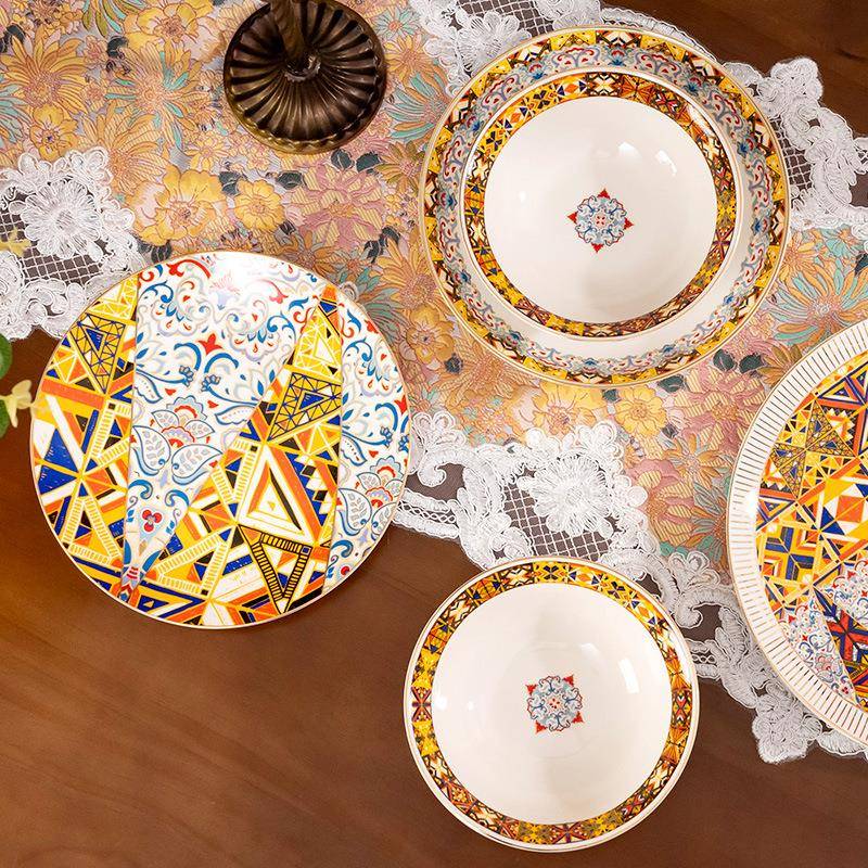 宫陶HPI廷风四件套餐具套的装地中海金遐想边轻奢宫廷风瓷碗牛排