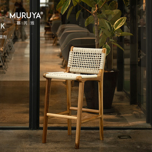印尼进口岛台椅北欧民宿吧台椅实木藤编咖啡厅高脚椅家用餐椅凳子