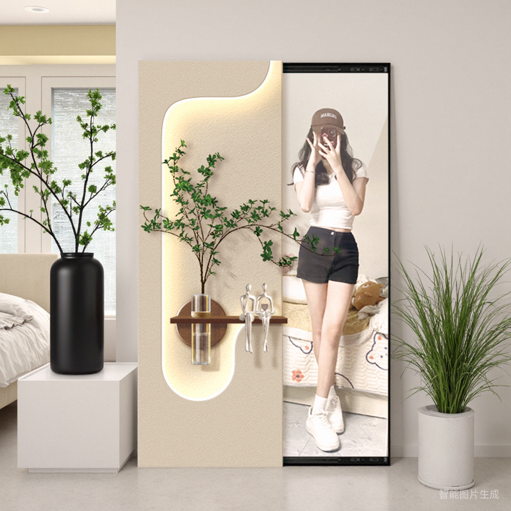 奶油风玄关推拉镜装饰画立体水培绿植led壁灯画隐藏式全身镜挂画