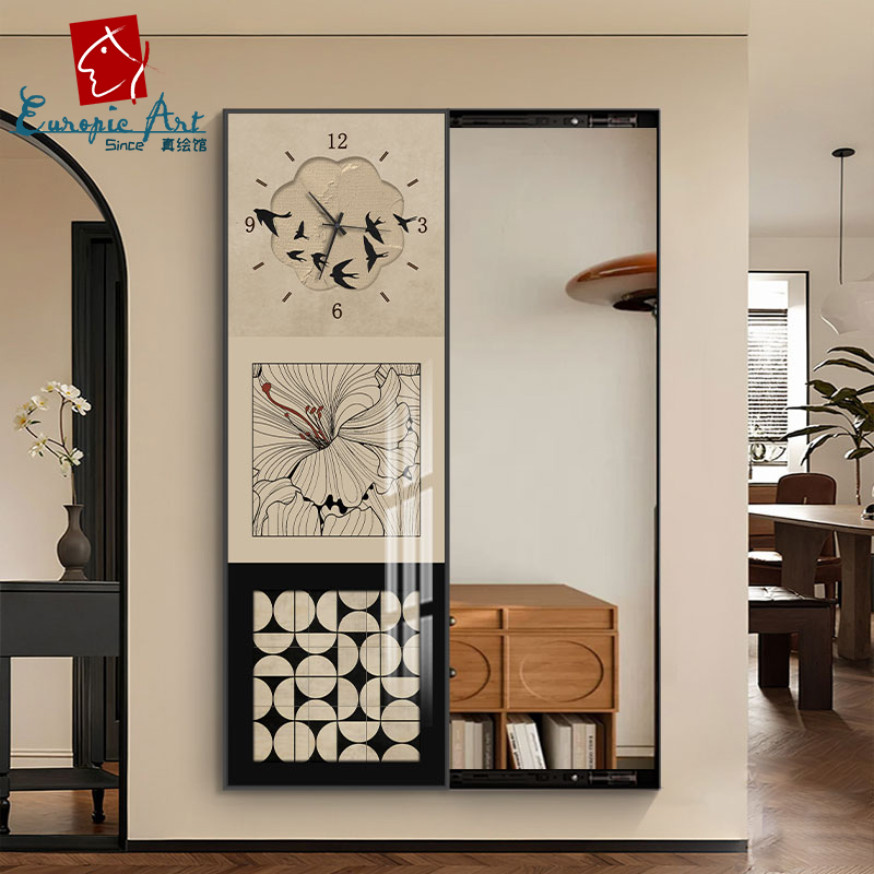 隐藏式推拉全身镜家用隐形穿衣镜带钟表可关闭暗藏中古风玄关壁画