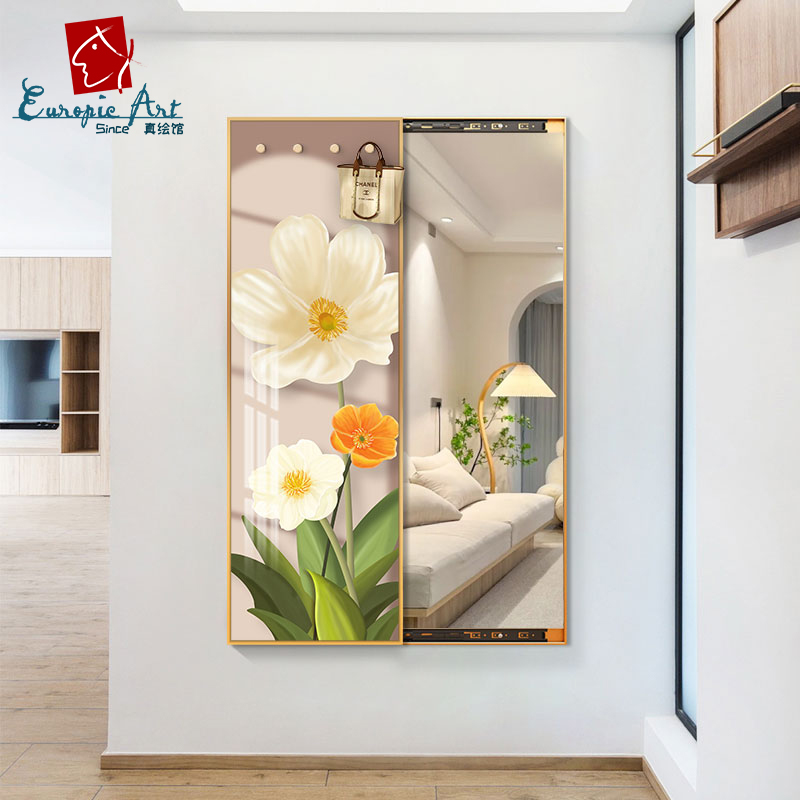 推拉全身镜隐藏式穿衣镜装饰画隐形玄关可关闭家用奶油风入户壁画