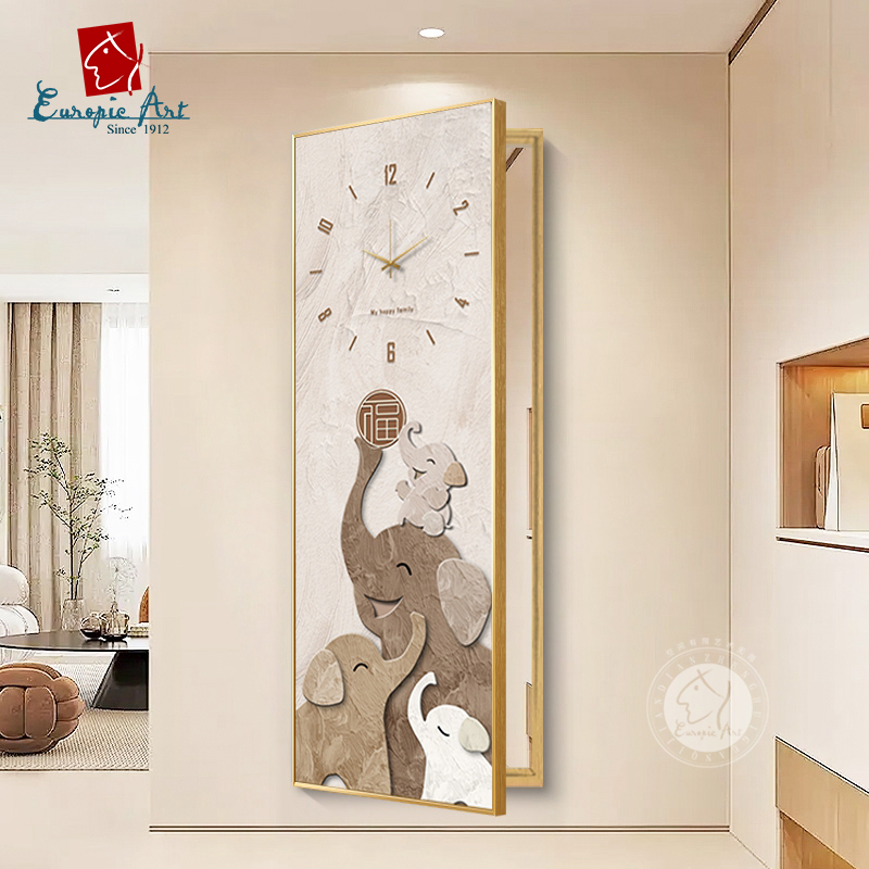 隐藏式全身镜装饰画翻开式穿衣镜推拉可关闭大象家族玄关钟表壁画