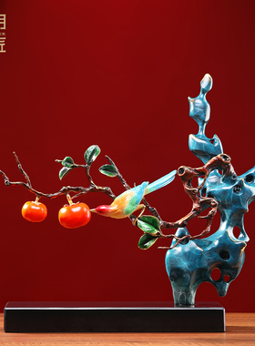 大明铜匠柿柿如意喜鹊摆件新中式家居客厅酒柜装饰品乔迁新居礼品