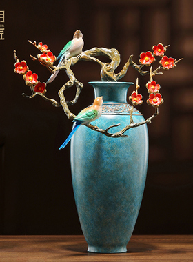 大明铜匠喜鹊登梅花瓶摆件客厅玄关办公室装饰品乔迁新居开业礼品