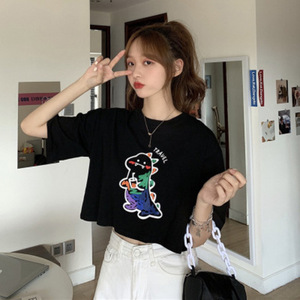 夏季韩版2023新款宽松短款可爱涂鸦恐龙印花小个子短袖T恤上衣女