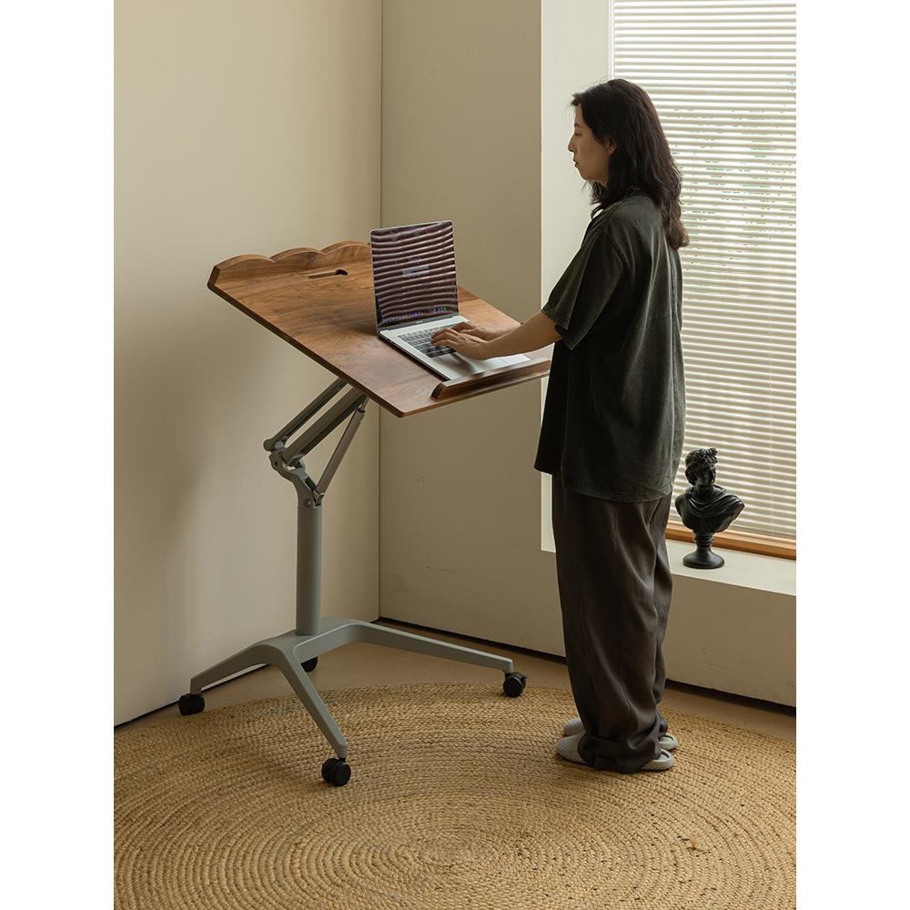 北美黑胡桃木升降桌卧室家用可移动小型写字台办公站立式工作书桌
